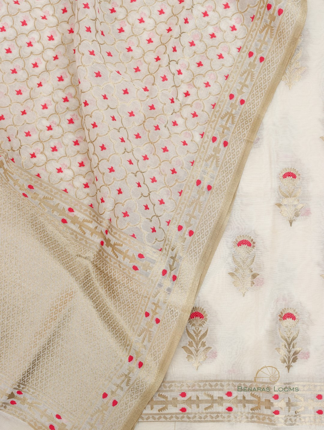 White Handwoven Banarasi Premium Cotton Unstitched Suit Fabric