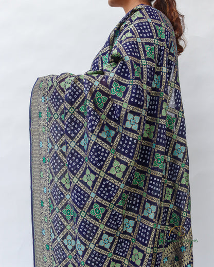 Navy Blue Handwoven Pure Georgette Bandhani Banarasi Dupatta