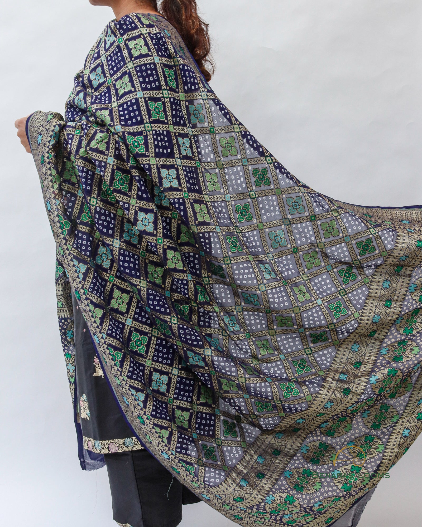 Navy Blue Handwoven Pure Georgette Bandhani Banarasi Dupatta