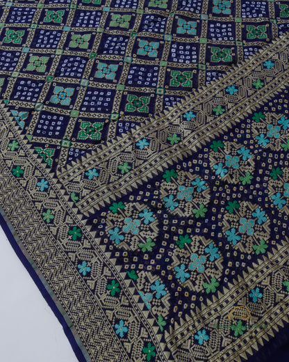 Navy Blue Handwoven Pure Georgette Bandhani Banarasi Dupatta