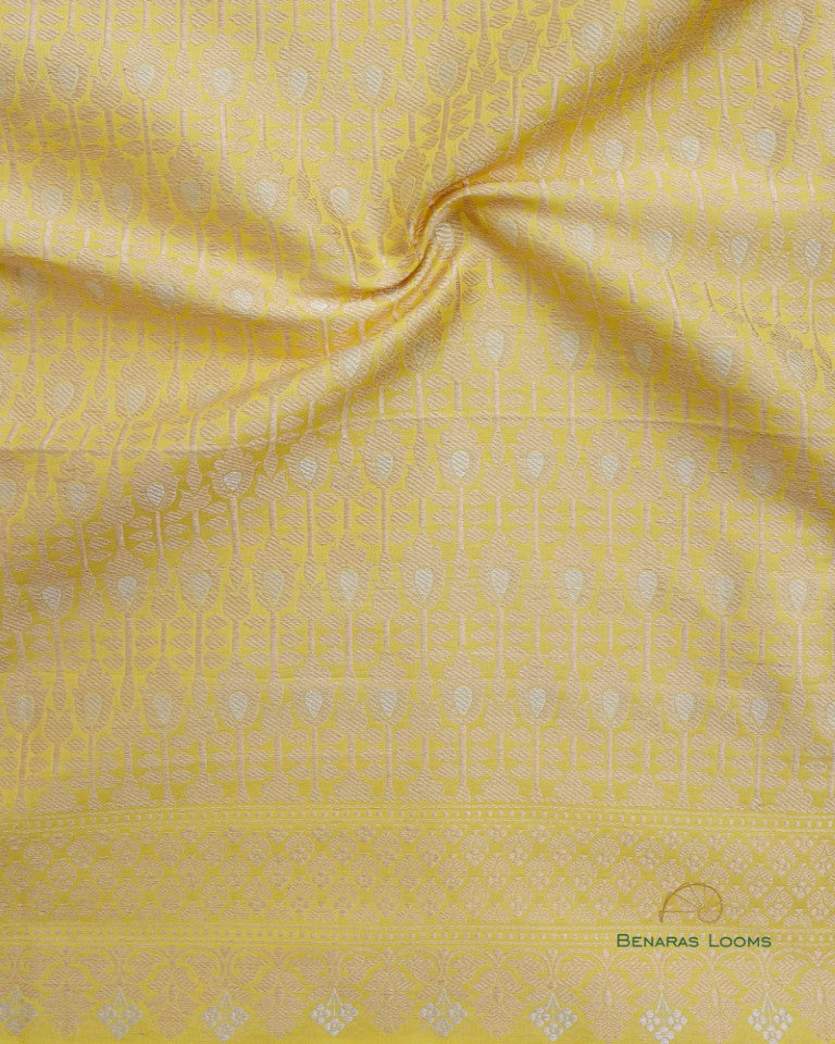 Lemon Yellow &amp; Pink Handwoven Pure Kataan Silk Banarasi Three Piece Suit Set