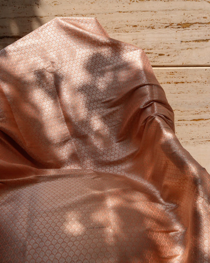 Peach Handwoven Pure Kataan Silk Brocade Fabric