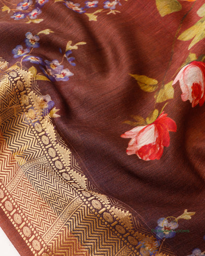 Brown Pure Munga Silk Floral Digial Print Dupatta