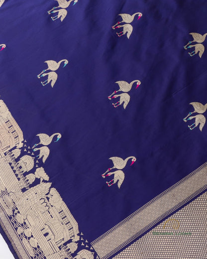 Navy Blue Pure Kataan Silk Shikargah Kadhua Dupatta