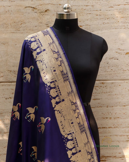 Navy Blue Pure Kataan Silk Shikargah Kadhua Dupatta