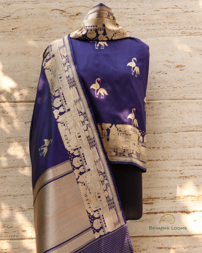 Navy Blue Pure Kataan Silk Shikargah Kadhua Dupatta