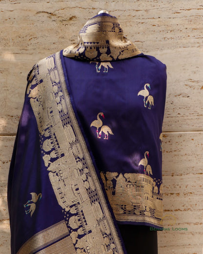 Navy Blue Pure Kataan Silk Shikargah Kadhua Dupatta