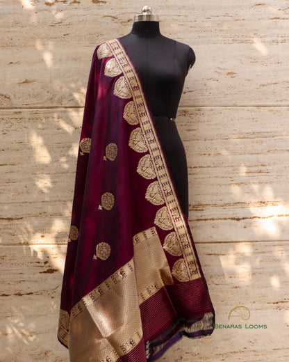 Wine Handwoven Pure Kataan Silk Kadhua Shikargah Dupatta