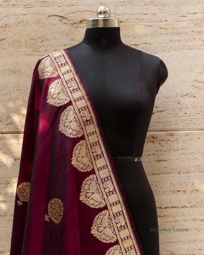 Wine Handwoven Pure Kataan Silk Kadhua Shikargah Dupatta