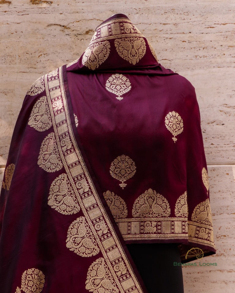 Wine Handwoven Pure Kataan Silk Kadhua Shikargah Dupatta