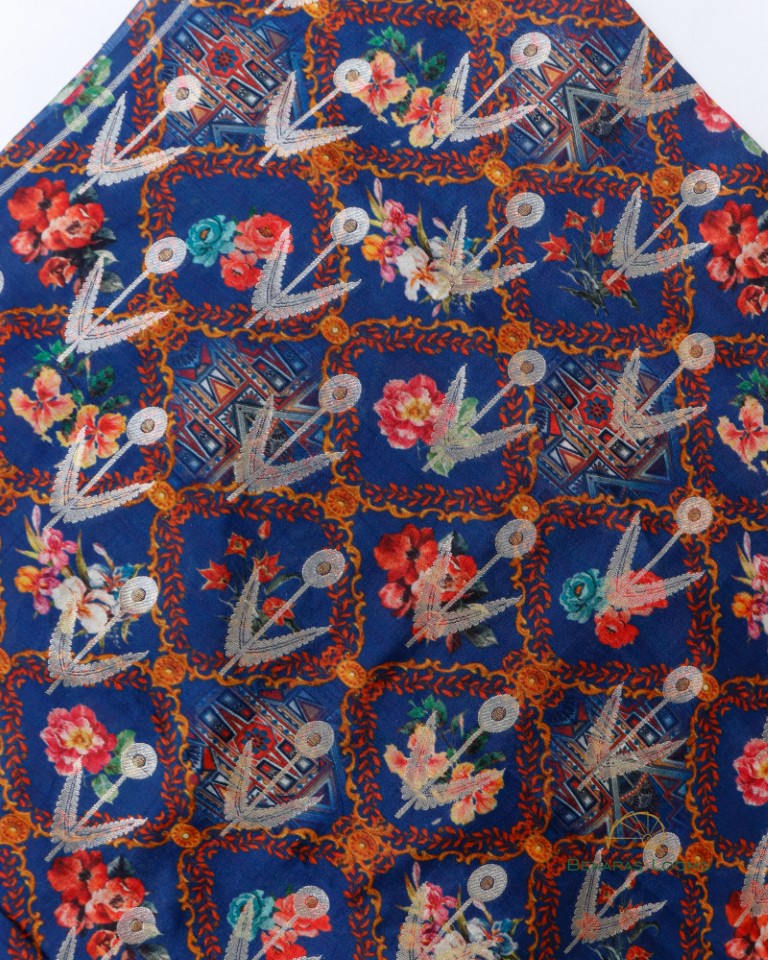 Blue Digital Printed Butidar Handwoven Pure Chiniya Silk Fabric