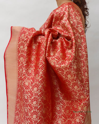 Red Handwoven Pure Kataan Silk Brocade Shikargah Dupatta