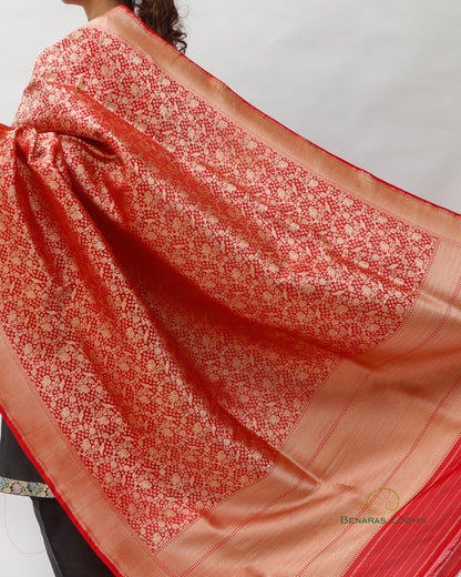 Red Handwoven Pure Kataan Silk Brocade Shikargah Dupatta