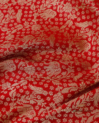 Red Handwoven Pure Kataan Silk Brocade Shikargah Dupatta