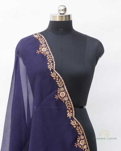 Navy Blue Pure Organza Banarasi Dupatta