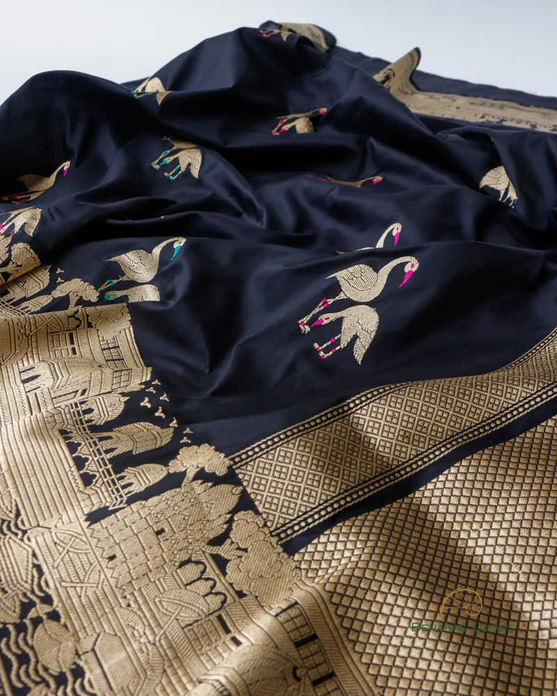 Black Handwoven Pure Kataan Silk Shikargah Saree