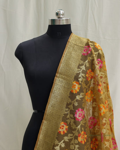 Mustard Organza Net Banarasi Handwoven Dupatta
