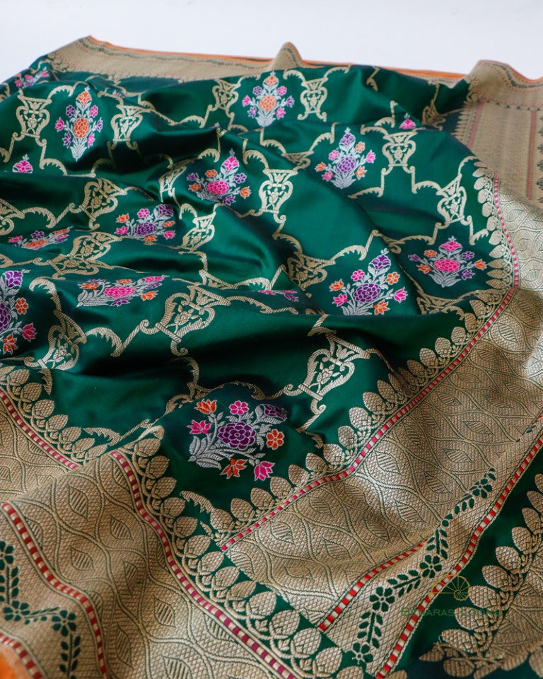 Green Handwoven Pure Kataan Silk Kadhua Jangla Banarasi Saree