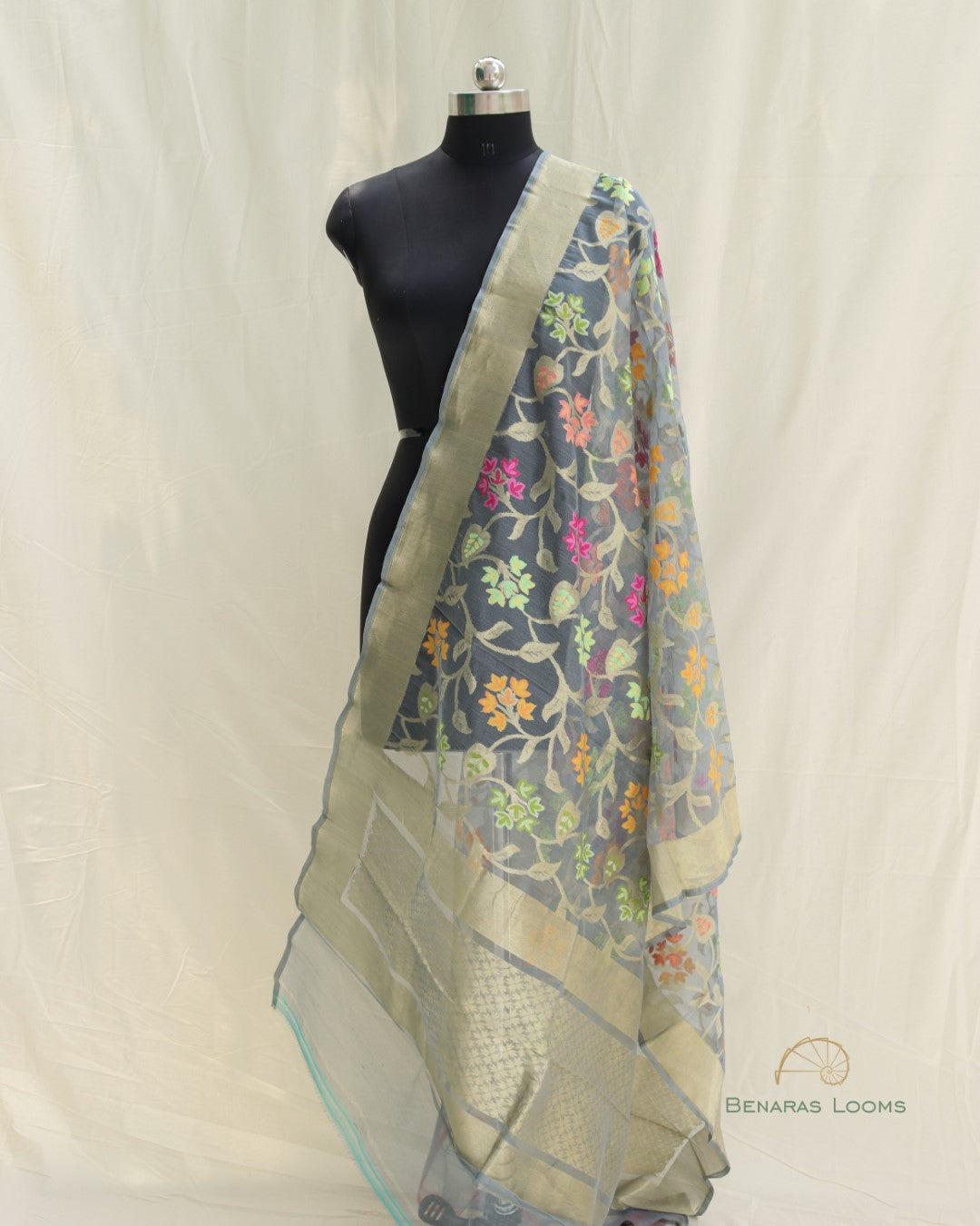 Grey Hanwoven Organza Net Banarasi Dupatta