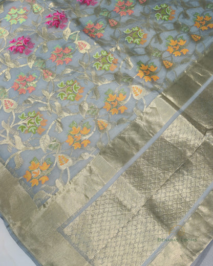 Grey Hanwoven Organza Net Banarasi Dupatta