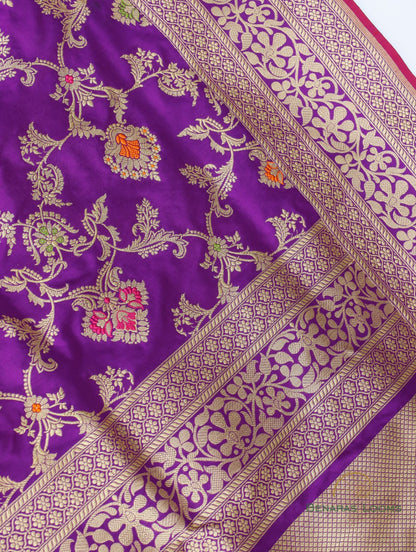Purple Handwoven Pure Kataan Silk Banarasi Saree With Meenakari