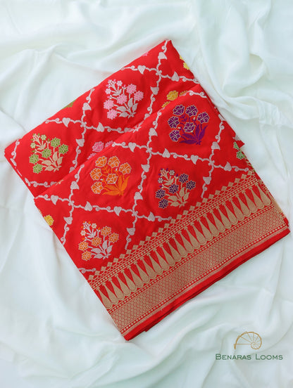 Red Handwoven Pure Kataan Silk Kadhua Jangla Banarasi Saree