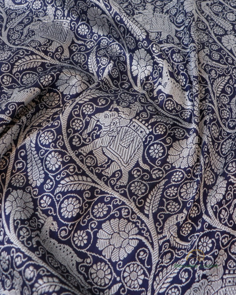 Navy Blue Handwoven Pure Silk Shikargah Banarasi Saree