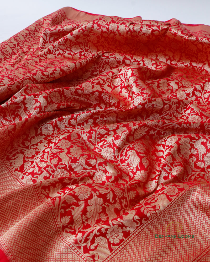 Red Handwoven Pure kataan Silk Shikaargah Brocade Jaal Benarasi Saree