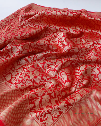 Red Handwoven Pure kataan Silk Shikaargah Brocade Jaal Benarasi Saree