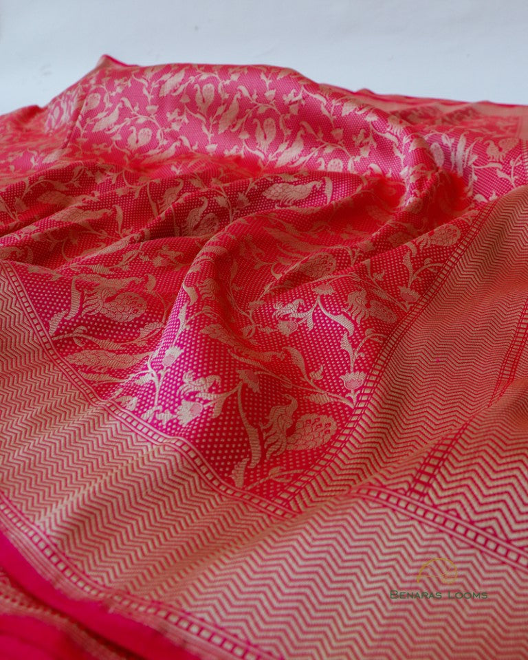 Pink Handwoven Shikaargah Pure Kataan Silk Banarasi Saree