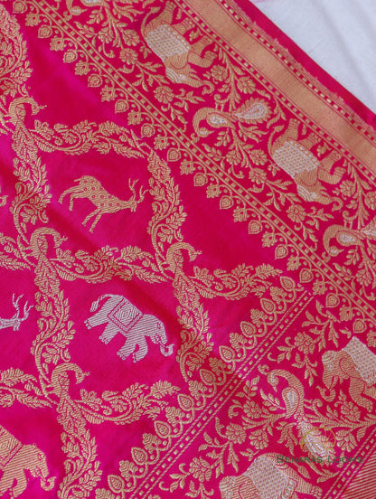 Pink Handwoven Pure Silk Shikargah Banarasi Saree