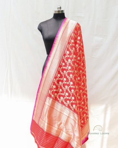 Red Handwoven Kadhua Jangla Banarasi Dupatta